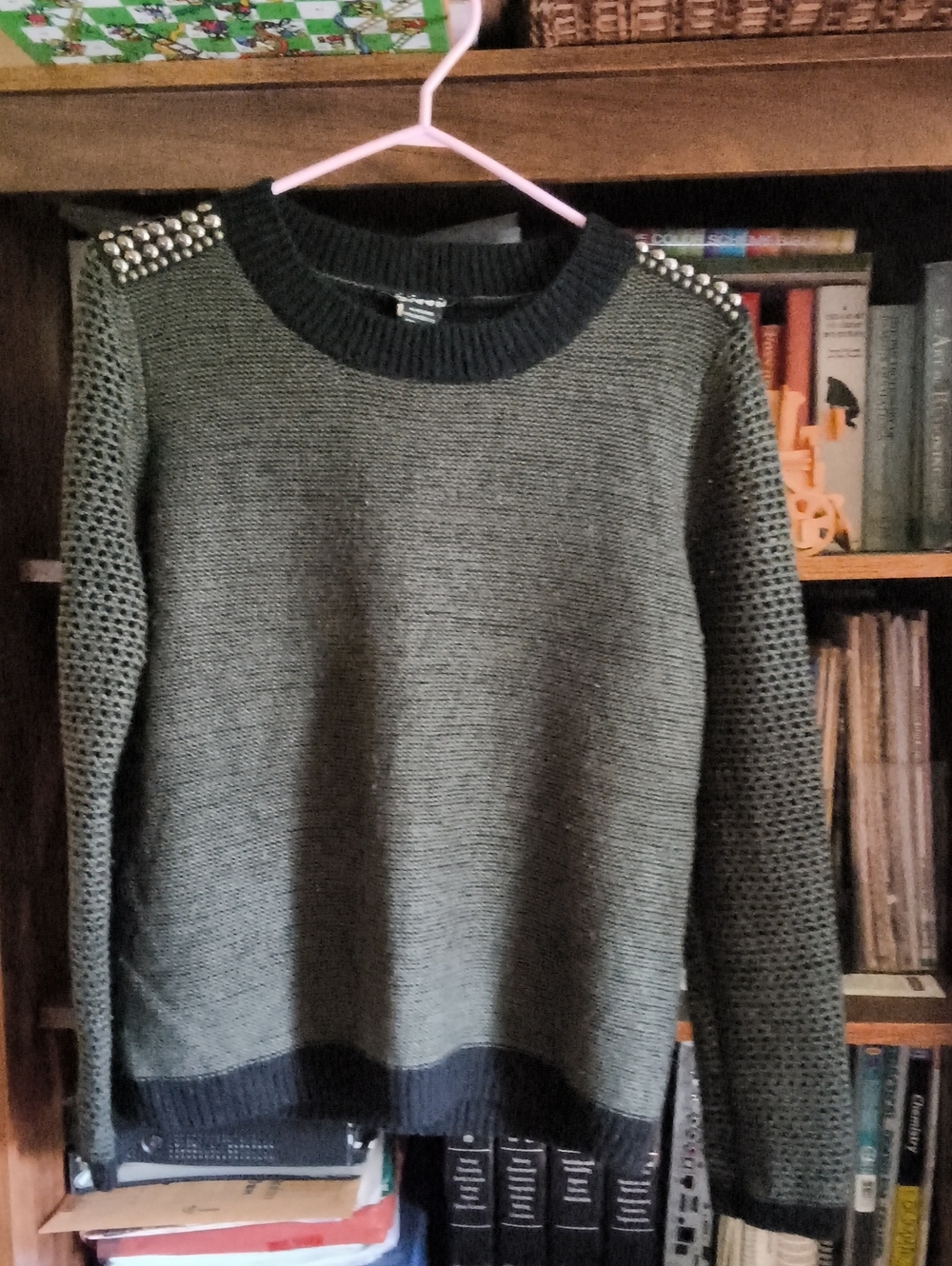 Swoon Boutique Olive Green Crewneck Sweater with Studded Shoulders